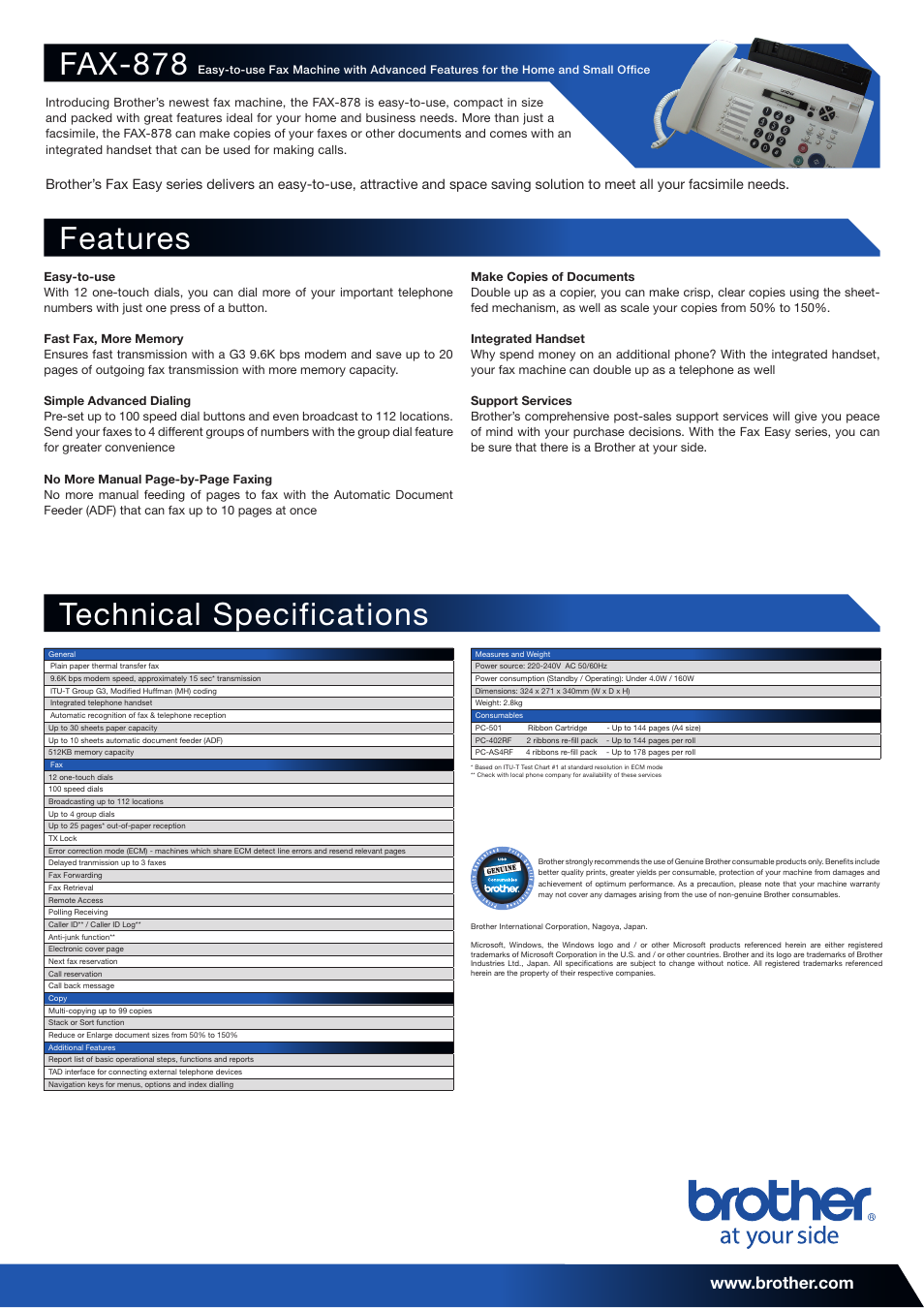 Fax-878, Technical specifications features | Brother FAX-878 User Manual | Page 2 / 2