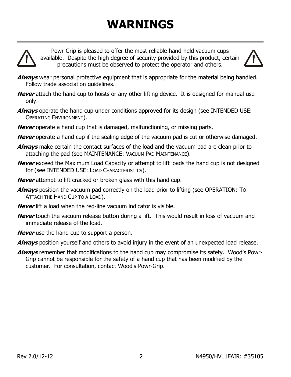 Warnings | Wood’s Powr-Grip N4950AIR User Manual | Page 4 / 16