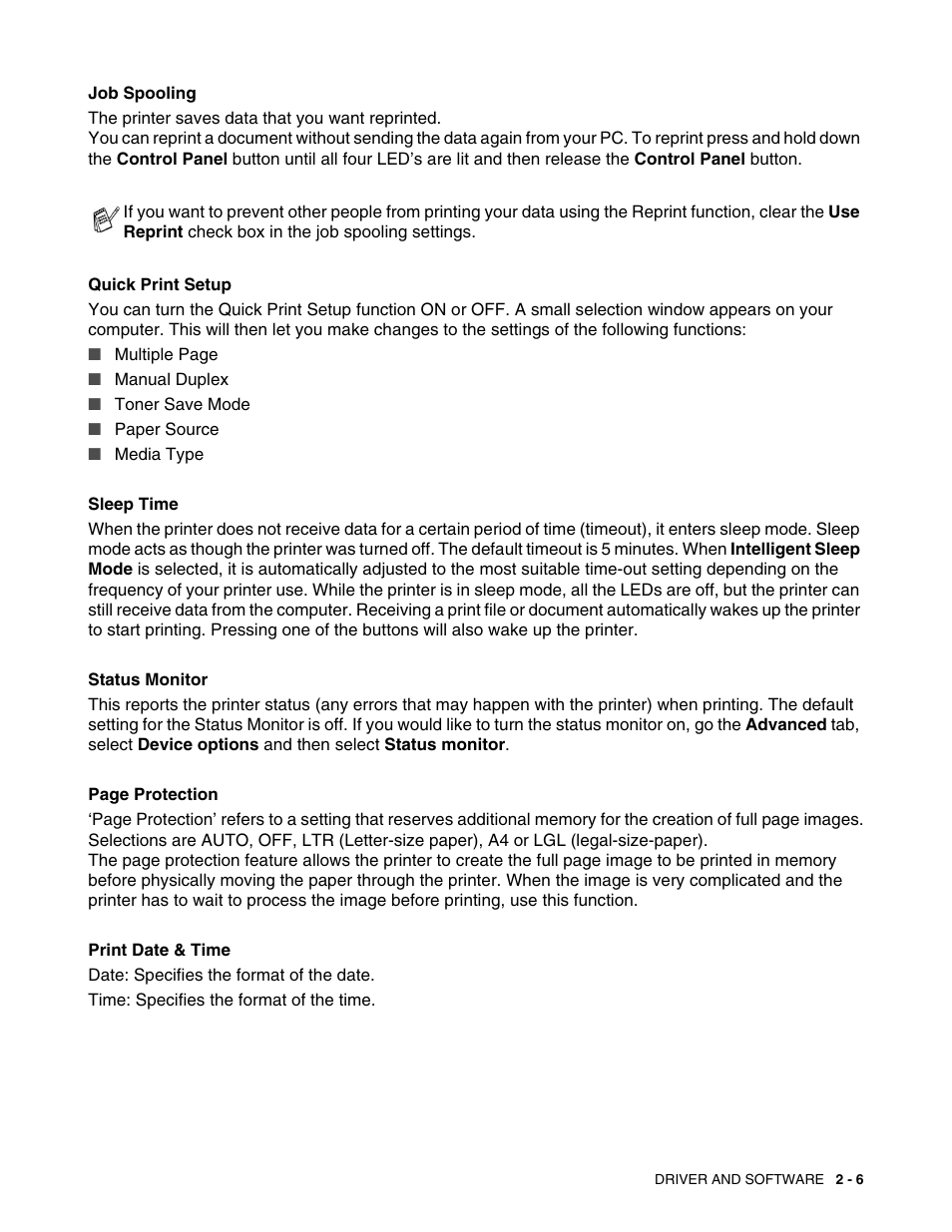 Job spooling, Quick print setup, Sleep time | Status monitor, Print date & time | Brother HL-1435 User Manual | Page 50 / 97