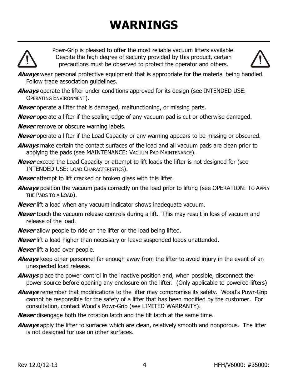 Warnings | Wood’s Powr-Grip HFV6000 User Manual | Page 6 / 21