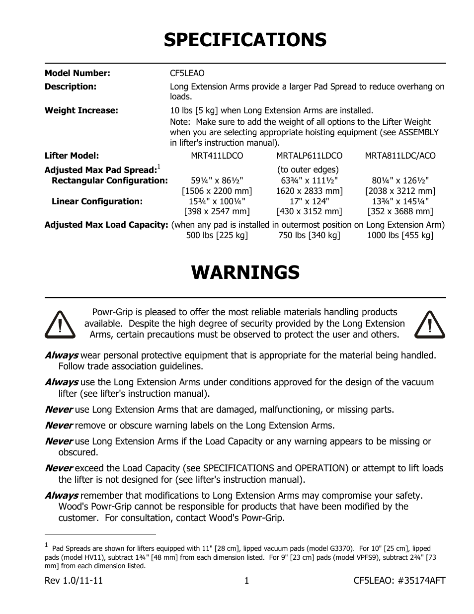 Specifications, Warnings | Wood’s Powr-Grip MRTARC8HV11DC User Manual | Page 3 / 6