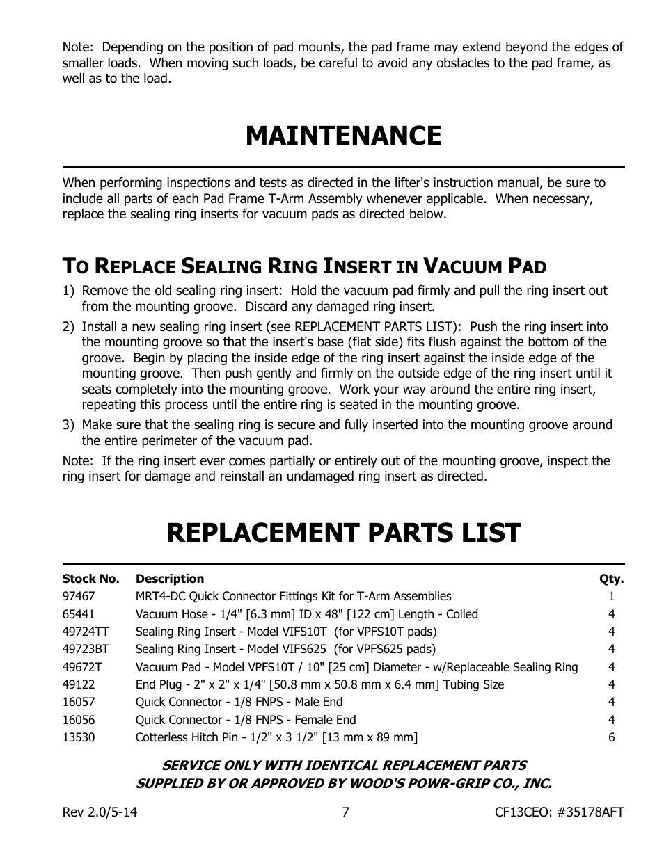 Maintenance, Replacement parts list, Eplace | Ealing, Nsert in, Acuum | Wood’s Powr-Grip MRTALP6FS10TDC User Manual | Page 9 / 10