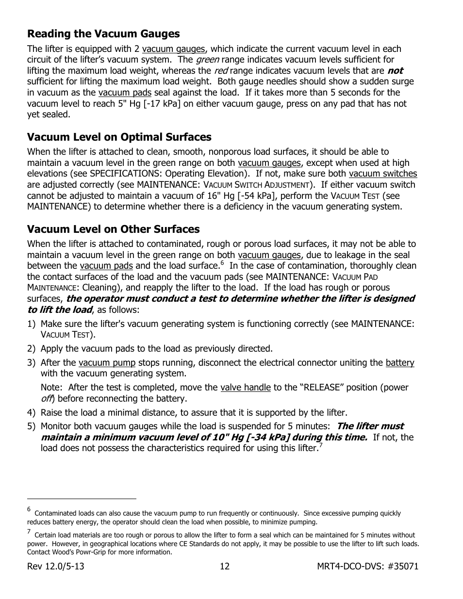 Reading the vacuum gauges, Vacuum level on optimal surfaces, Vacuum level on other surfaces | Wood’s Powr-Grip MRT49DCO User Manual | Page 14 / 34