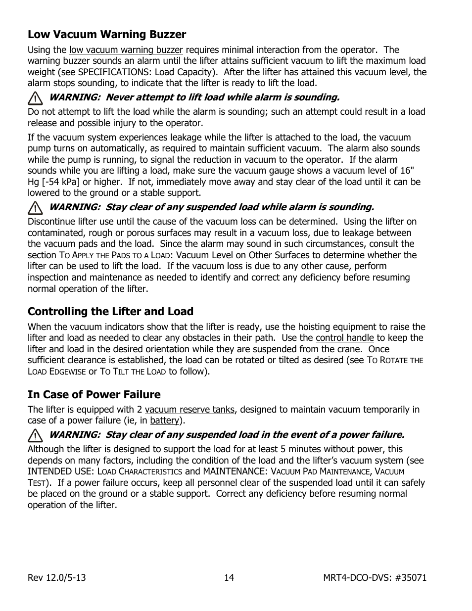 Low vacuum warning buzzer, Controlling the lifter and load, In case of power failure | Wood’s Powr-Grip MRT49DCO User Manual | Page 16 / 34