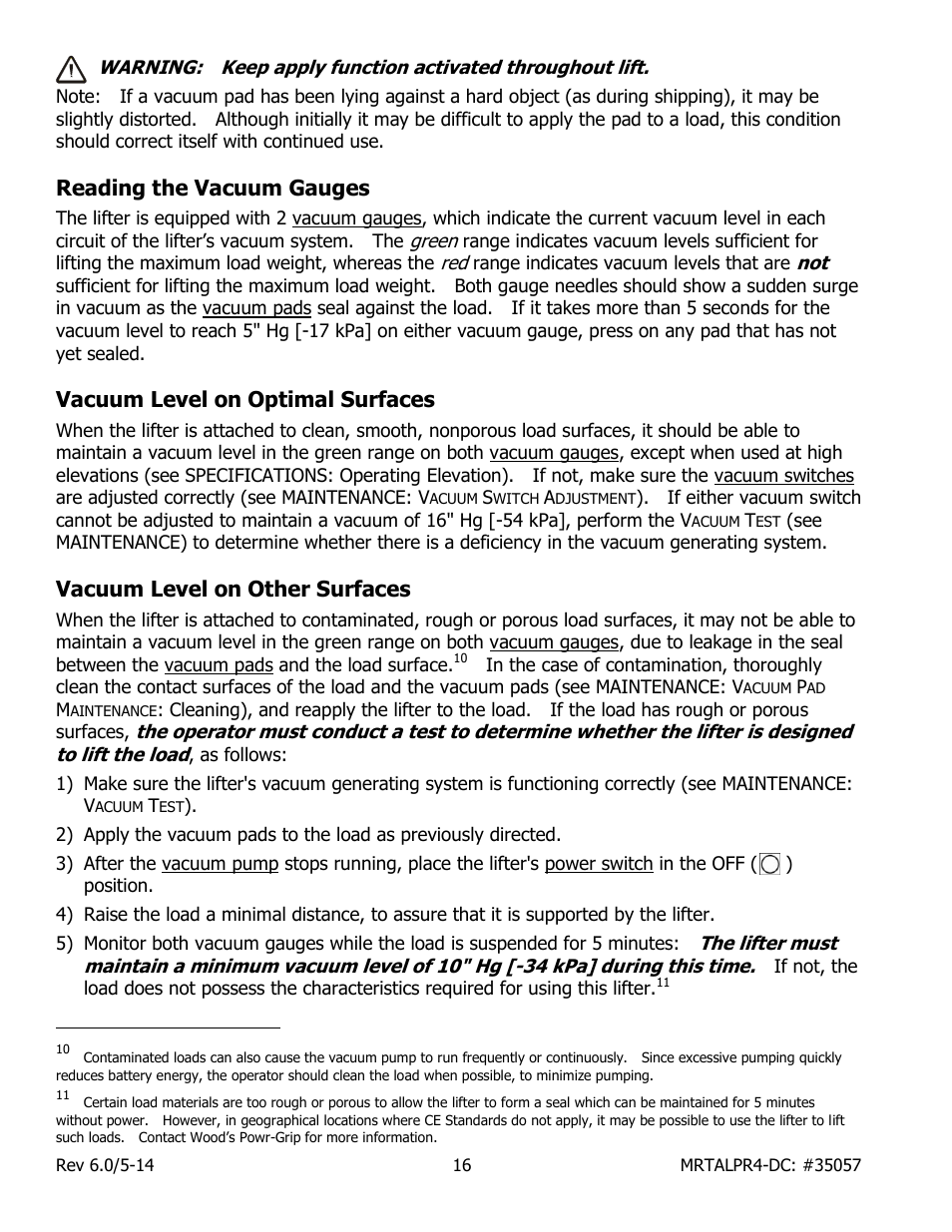 Reading the vacuum gauges, Vacuum level on optimal surfaces, Vacuum level on other surfaces | Wood’s Powr-Grip MRTALPR4FS10TDC User Manual | Page 18 / 38