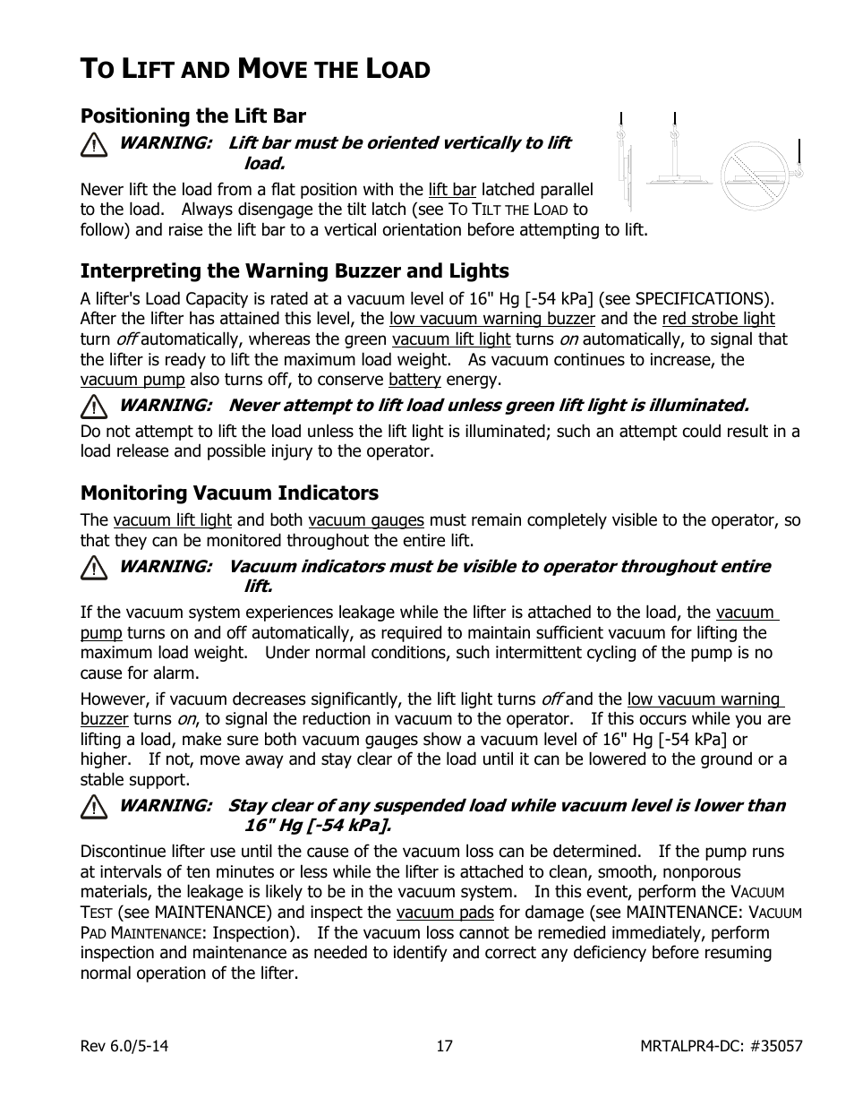 Ift and, Ove the, Positioning the lift bar | Interpreting the warning buzzer and lights, Monitoring vacuum indicators | Wood’s Powr-Grip MRTALPR4FS10TDC User Manual | Page 19 / 38