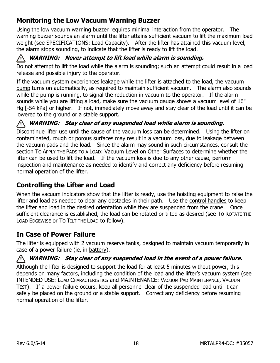 Monitoring the low vacuum warning buzzer, Controlling the lifter and load, In case of power failure | Wood’s Powr-Grip MRTALPR4FS10TDC User Manual | Page 20 / 38