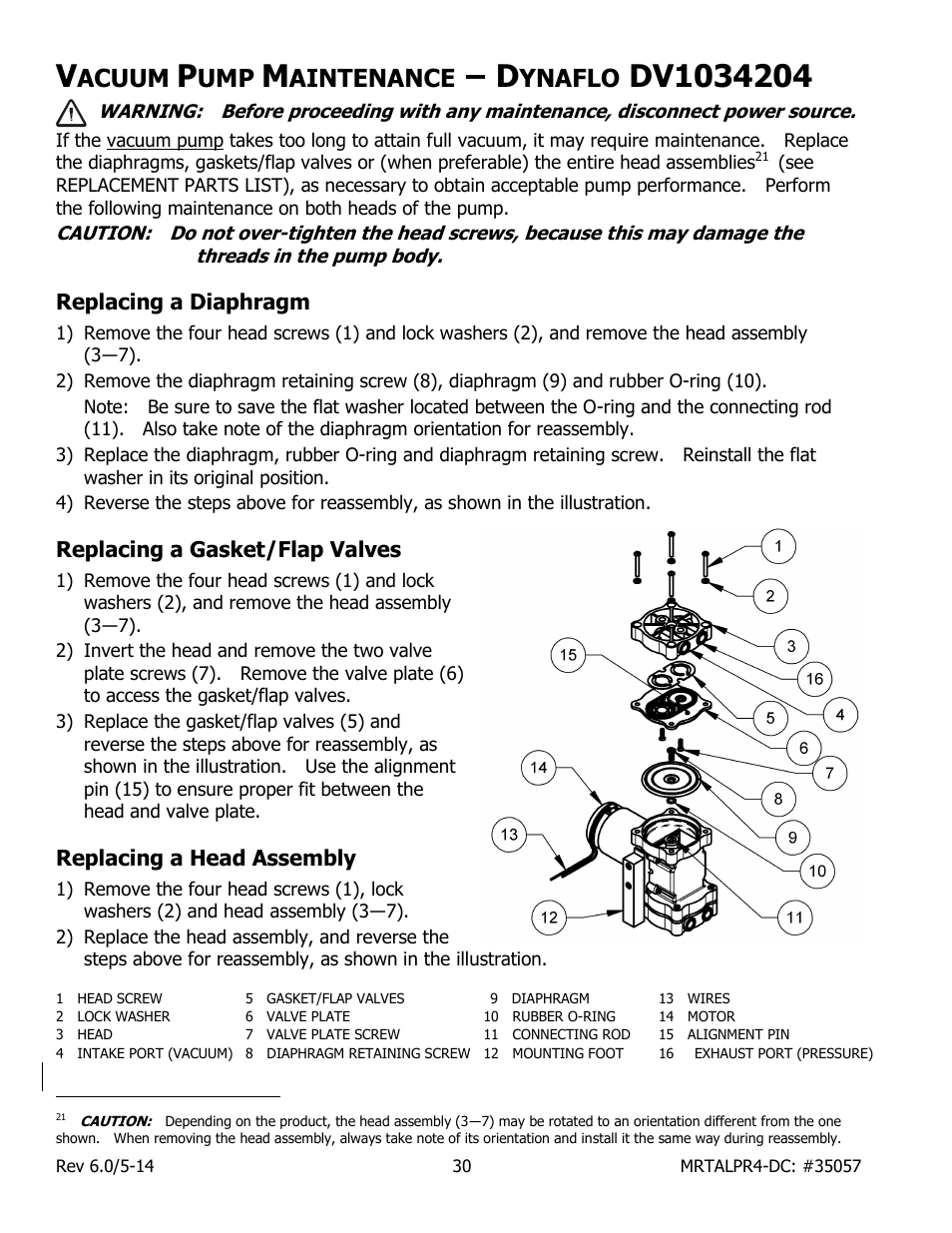 Acuum, Aintenance, Ynaflo | Dv1034204, Replacing a diaphragm, Replacing a gasket/flap valves, Replacing a head assembly | Wood’s Powr-Grip MRTALPR4FS10TDC User Manual | Page 32 / 38