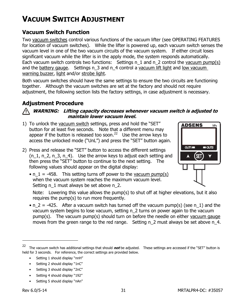 Acuum, Witch, Djustment | Vacuum switch function, Adjustment procedure | Wood’s Powr-Grip MRTALPR4FS10TDC User Manual | Page 33 / 38