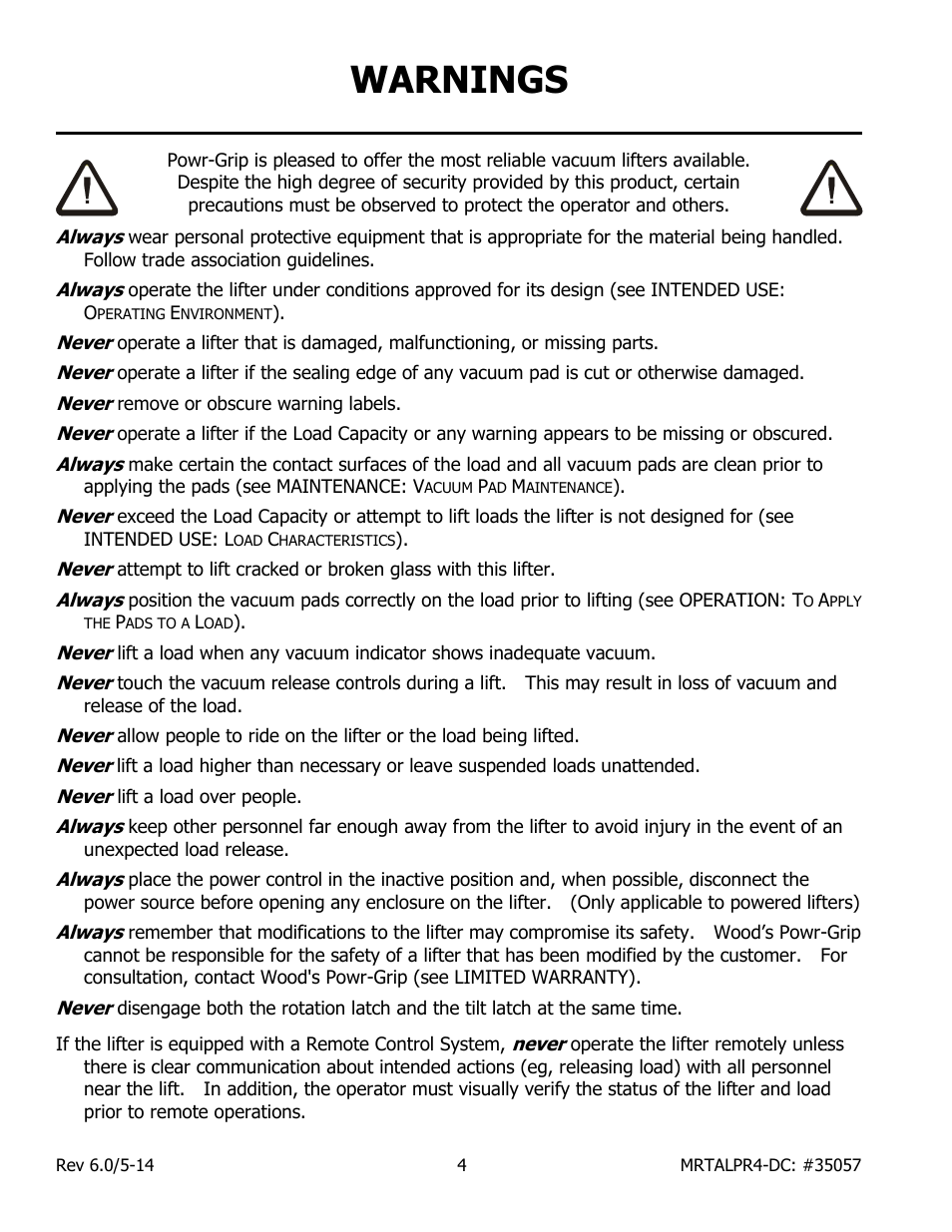 Warnings | Wood’s Powr-Grip MRTALPR4FS10TDC User Manual | Page 6 / 38