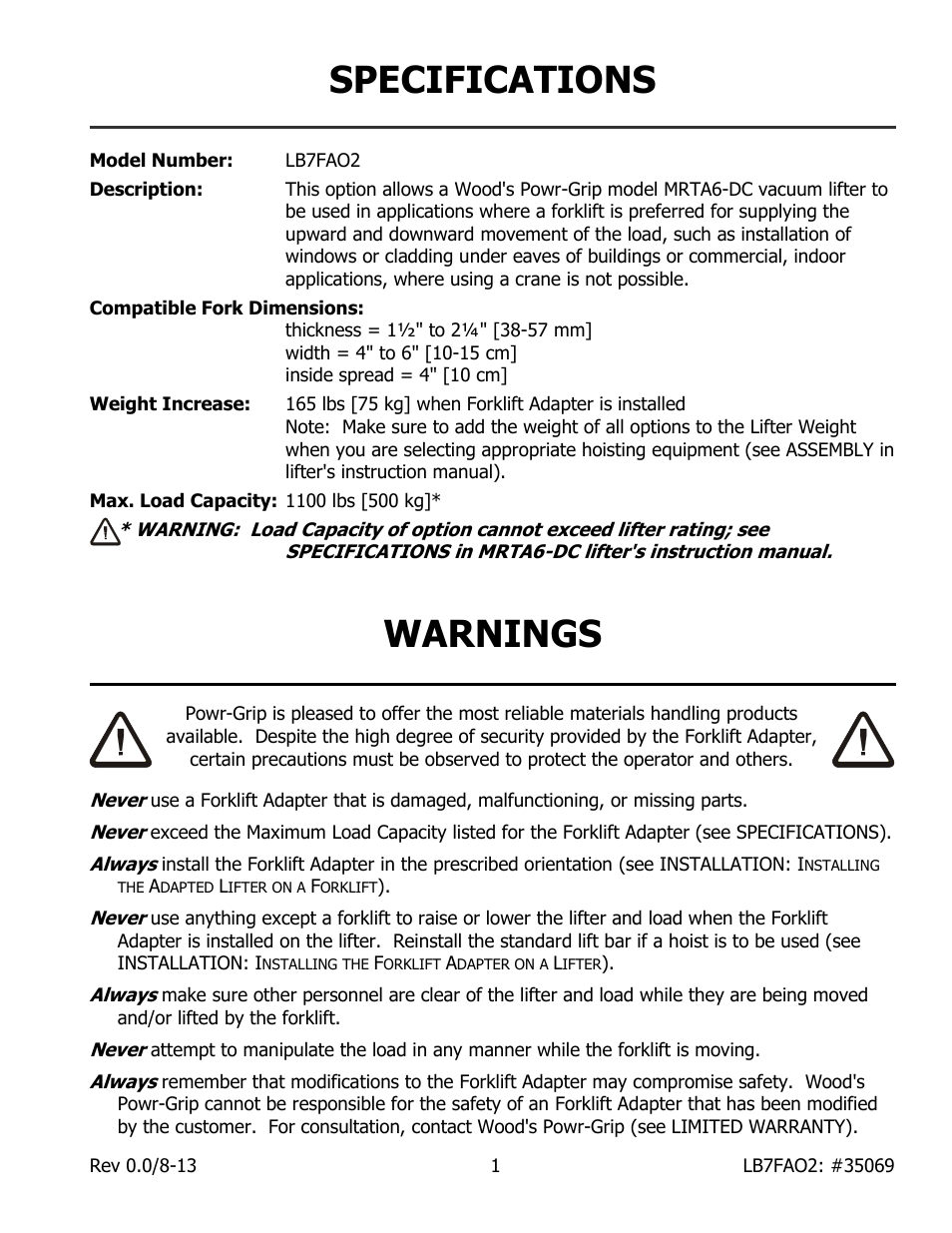 Specifications, Warnings | Wood’s Powr-Grip LB7FAO2 User Manual | Page 3 / 7