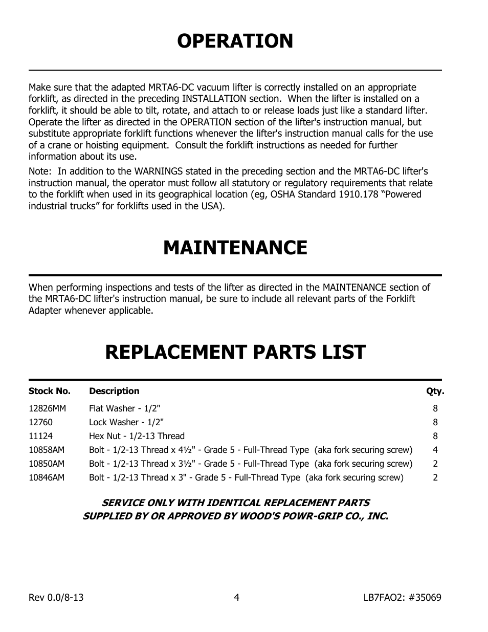 Operation, Maintenance, Replacement parts list | Wood’s Powr-Grip LB7FAO2 User Manual | Page 6 / 7