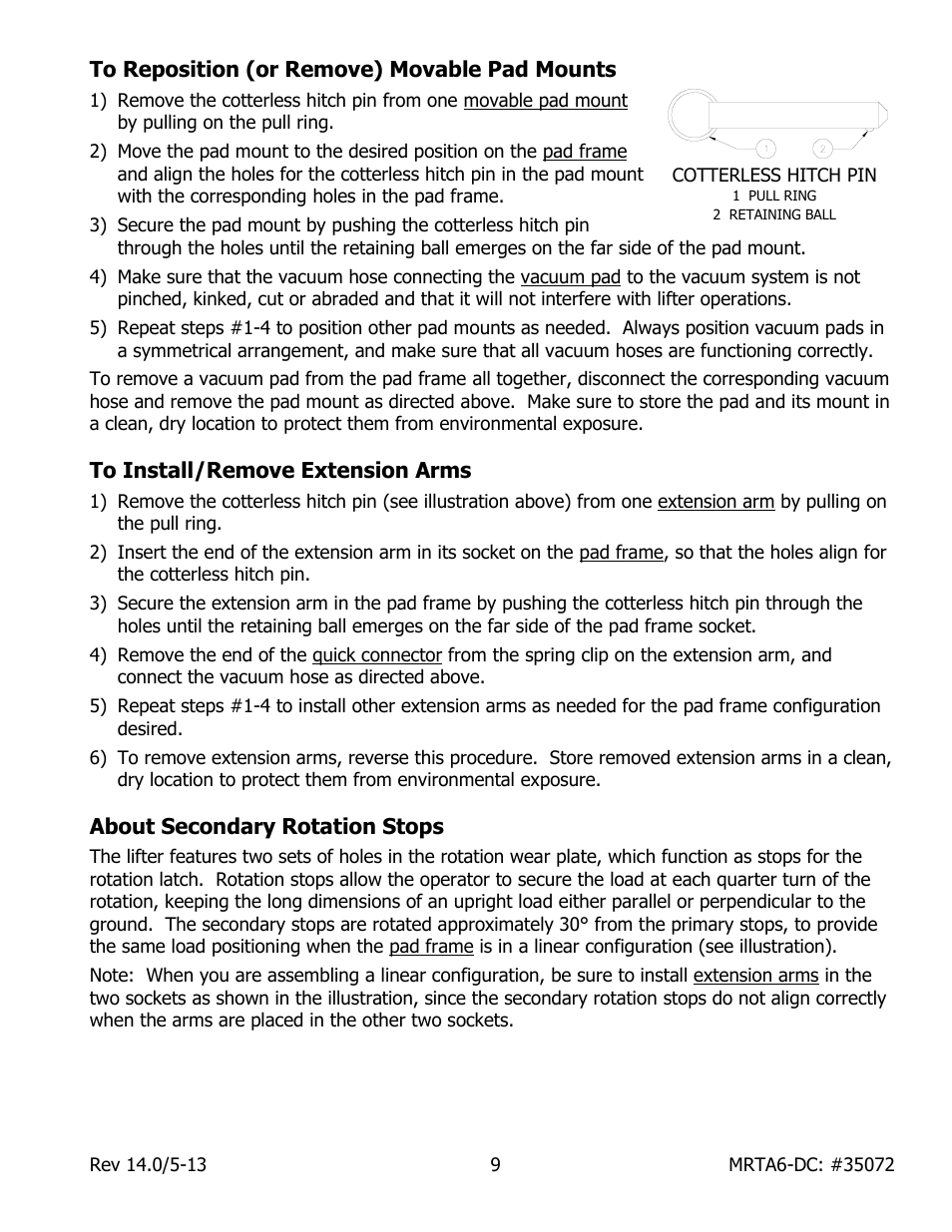 To reposition (or remove) movable pad mounts, To install/remove extension arms, About secondary rotation stops | Wood’s Powr-Grip MRTA611LDC User Manual | Page 11 / 35