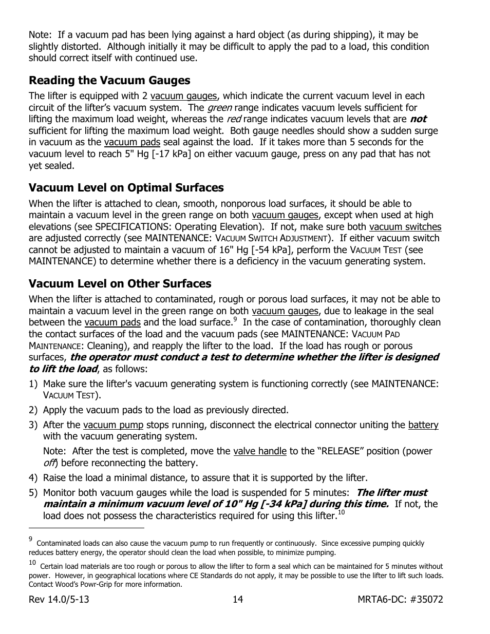 Reading the vacuum gauges, Vacuum level on optimal surfaces, Vacuum level on other surfaces | Wood’s Powr-Grip MRTA611LDC User Manual | Page 16 / 35