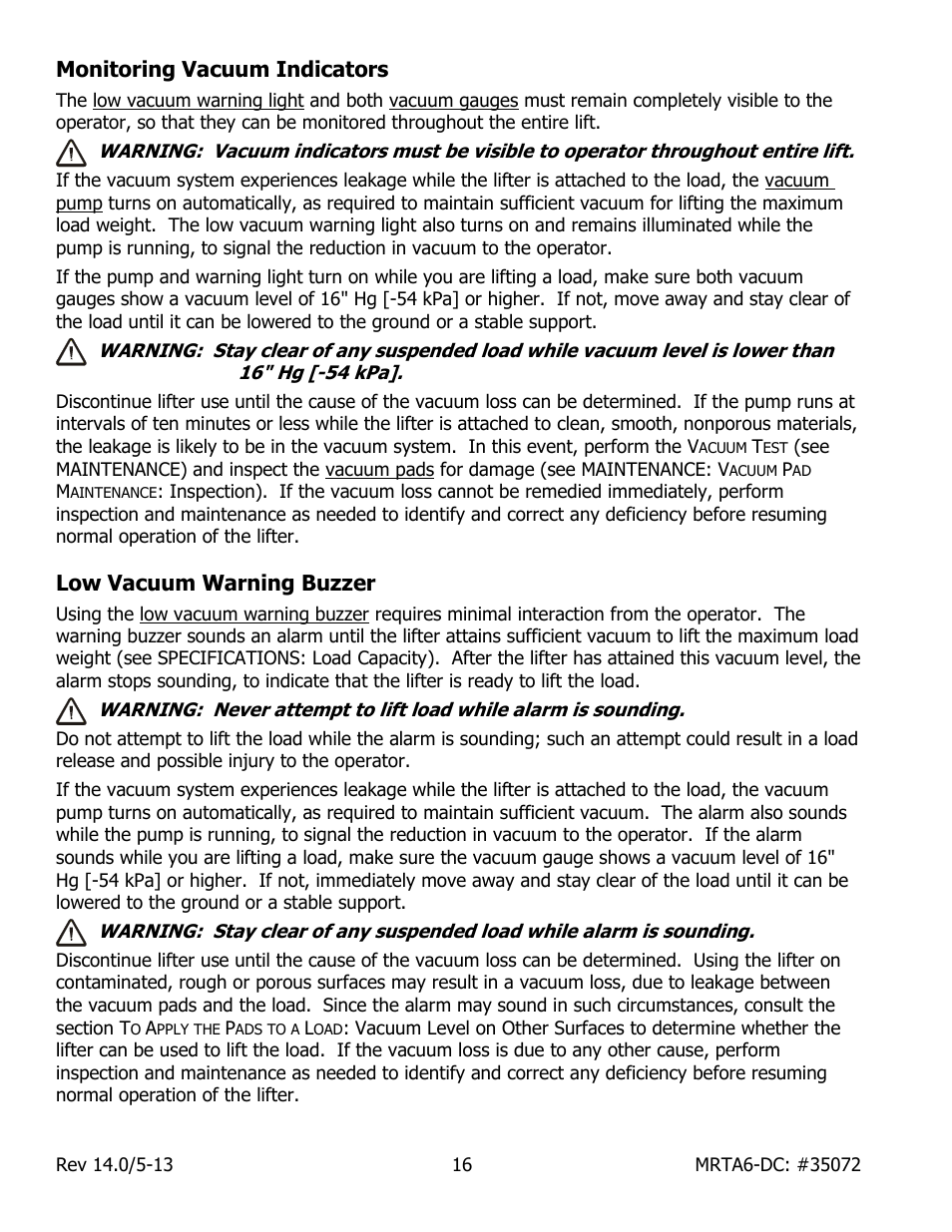 Monitoring vacuum indicators, Low vacuum warning buzzer | Wood’s Powr-Grip MRTA611LDC User Manual | Page 18 / 35