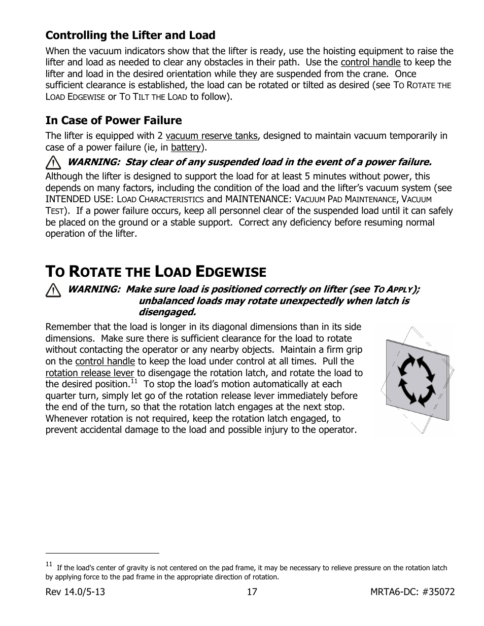 Controlling the lifter and load, In case of power failure, Otate the | Dgewise | Wood’s Powr-Grip MRTA611LDC User Manual | Page 19 / 35