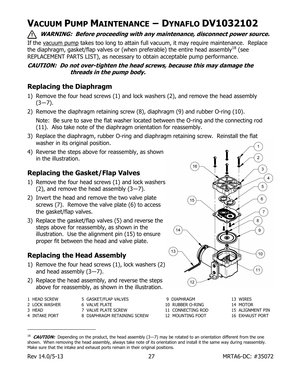 Acuum, Aintenance, Ynaflo | Dv1032102, Replacing the diaphragm, Replacing the gasket/flap valves, Replacing the head assembly | Wood’s Powr-Grip MRTA611LDC User Manual | Page 29 / 35