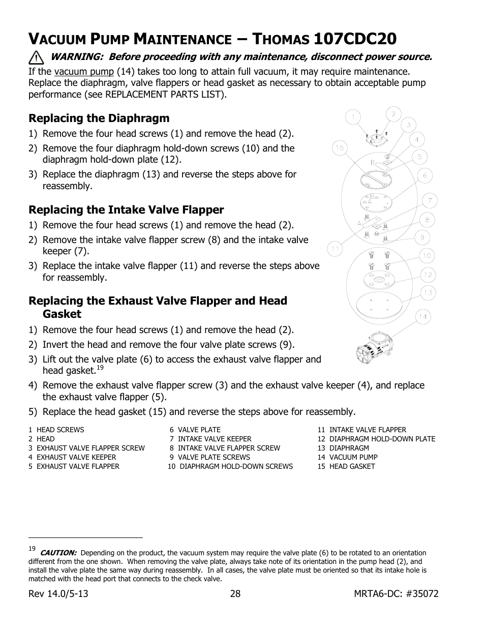 Acuum, Aintenance, Homas | 107cdc20, Replacing the diaphragm, Replacing the intake valve flapper | Wood’s Powr-Grip MRTA611LDC User Manual | Page 30 / 35