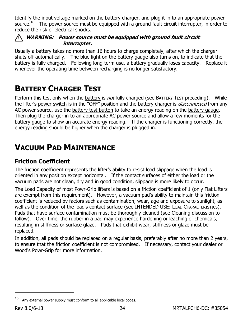 Attery, Harger, Acuum | Aintenance, Friction coefficient | Wood’s Powr-Grip MRTALPCH611LDC User Manual | Page 26 / 38