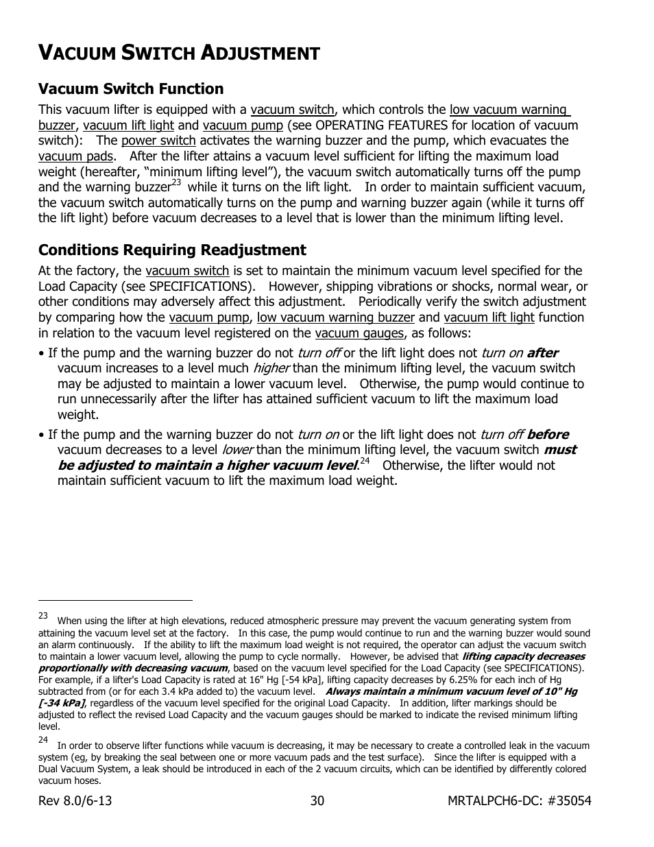 Acuum, Witch, Djustment | Vacuum switch function, Conditions requiring readjustment | Wood’s Powr-Grip MRTALPCH611LDC User Manual | Page 32 / 38