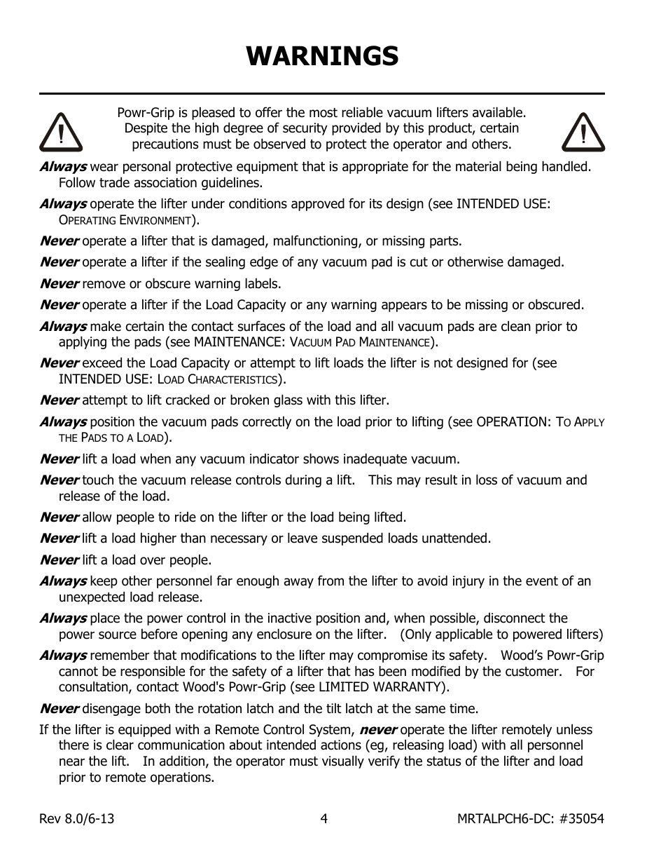 Warnings | Wood’s Powr-Grip MRTALPCH611LDC User Manual | Page 6 / 38