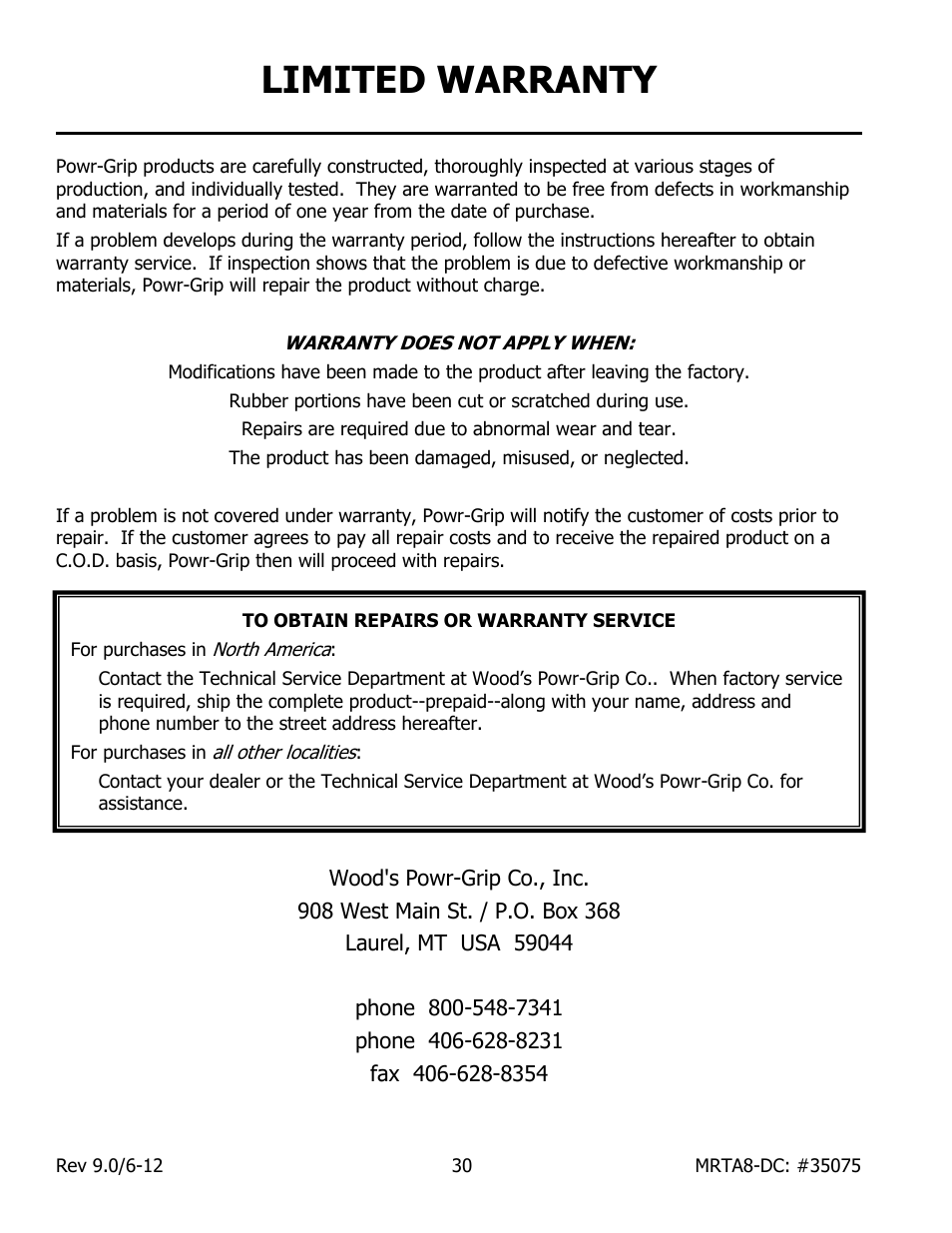 Limited warranty | Wood’s Powr-Grip MRTA811LDC User Manual | Page 32 / 32