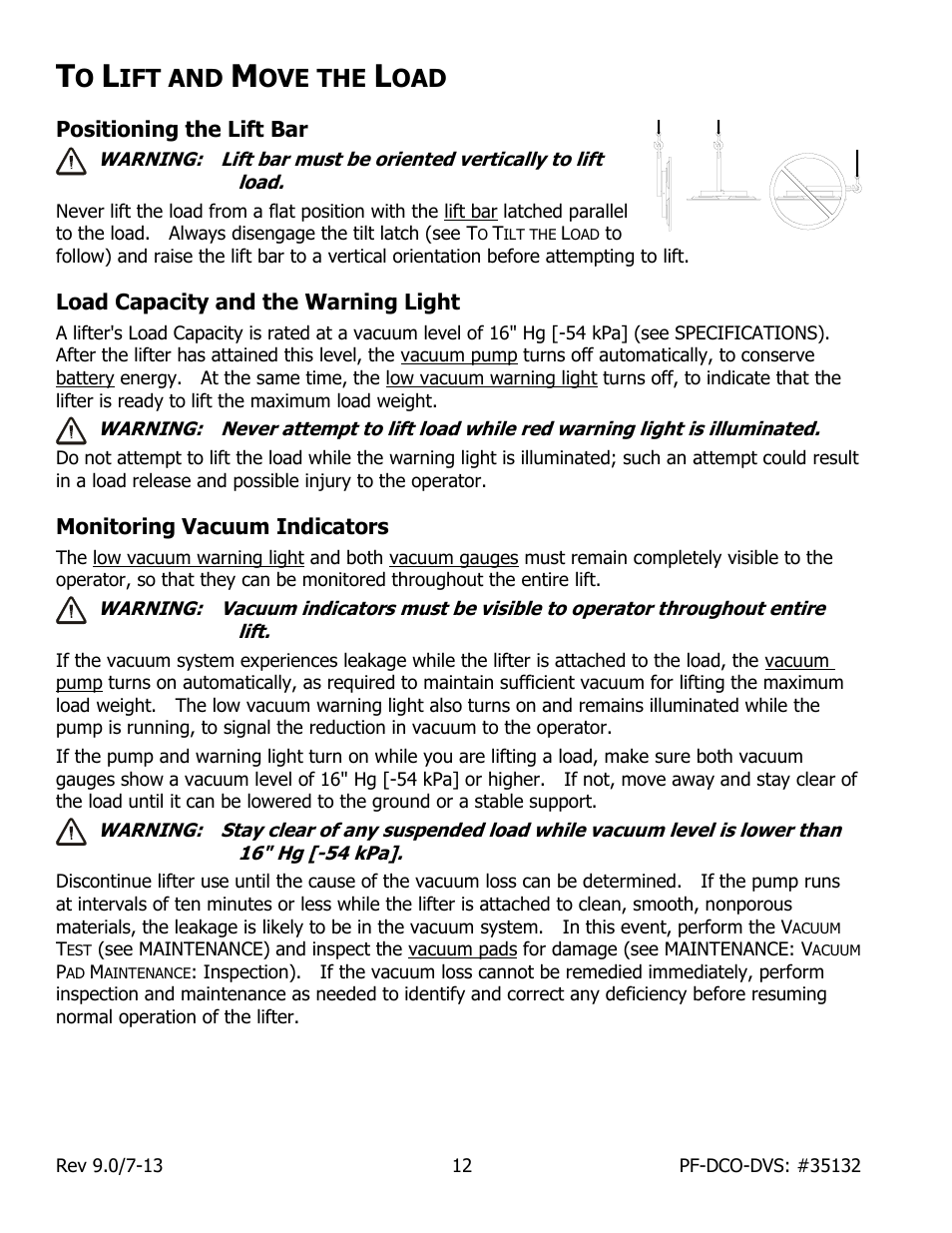 Ift and, Ove the, Positioning the lift bar | Load capacity and the warning light, Monitoring vacuum indicators | Wood’s Powr-Grip PFHL89DCO User Manual | Page 14 / 32