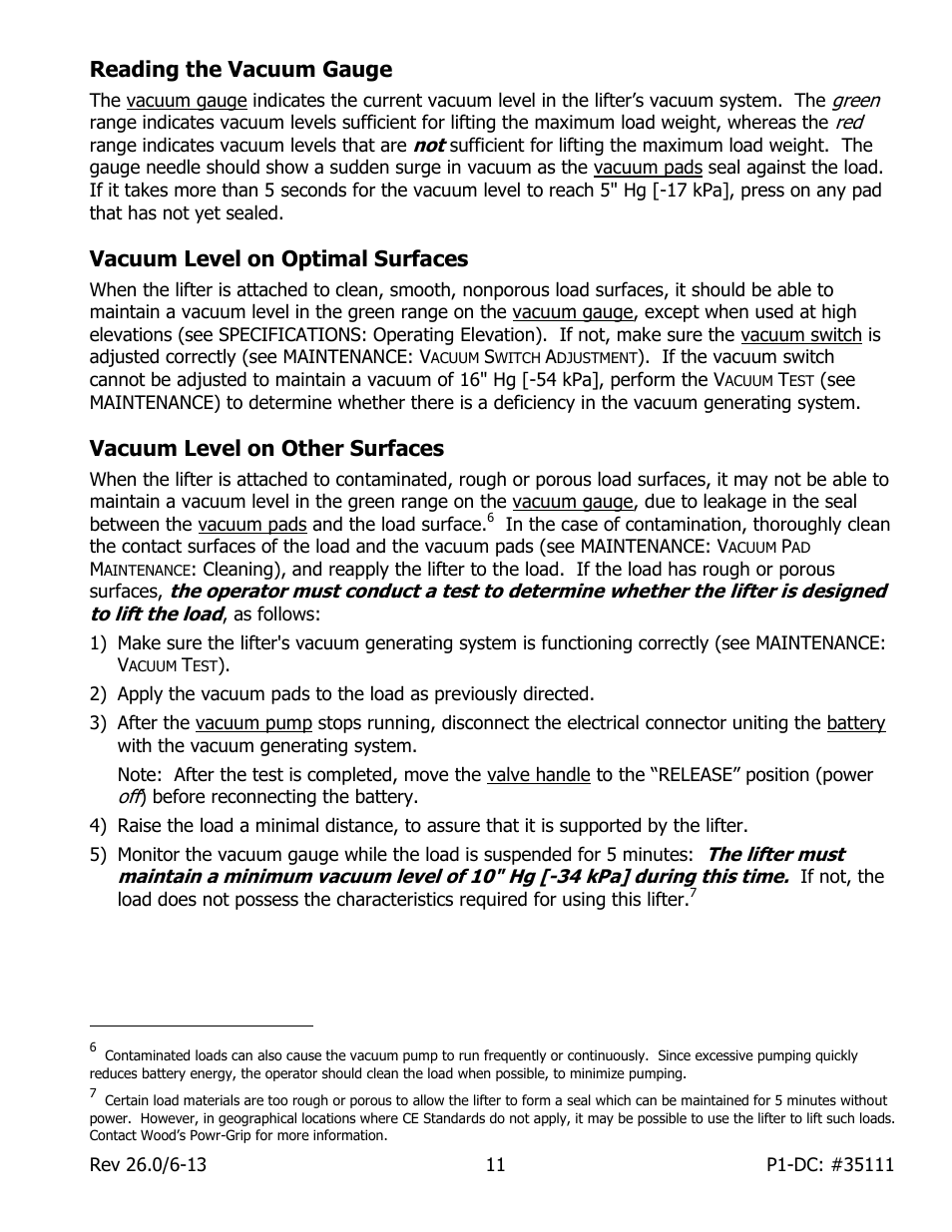 Reading the vacuum gauge, Vacuum level on optimal surfaces, Vacuum level on other surfaces | Wood’s Powr-Grip P11104DC User Manual | Page 13 / 34