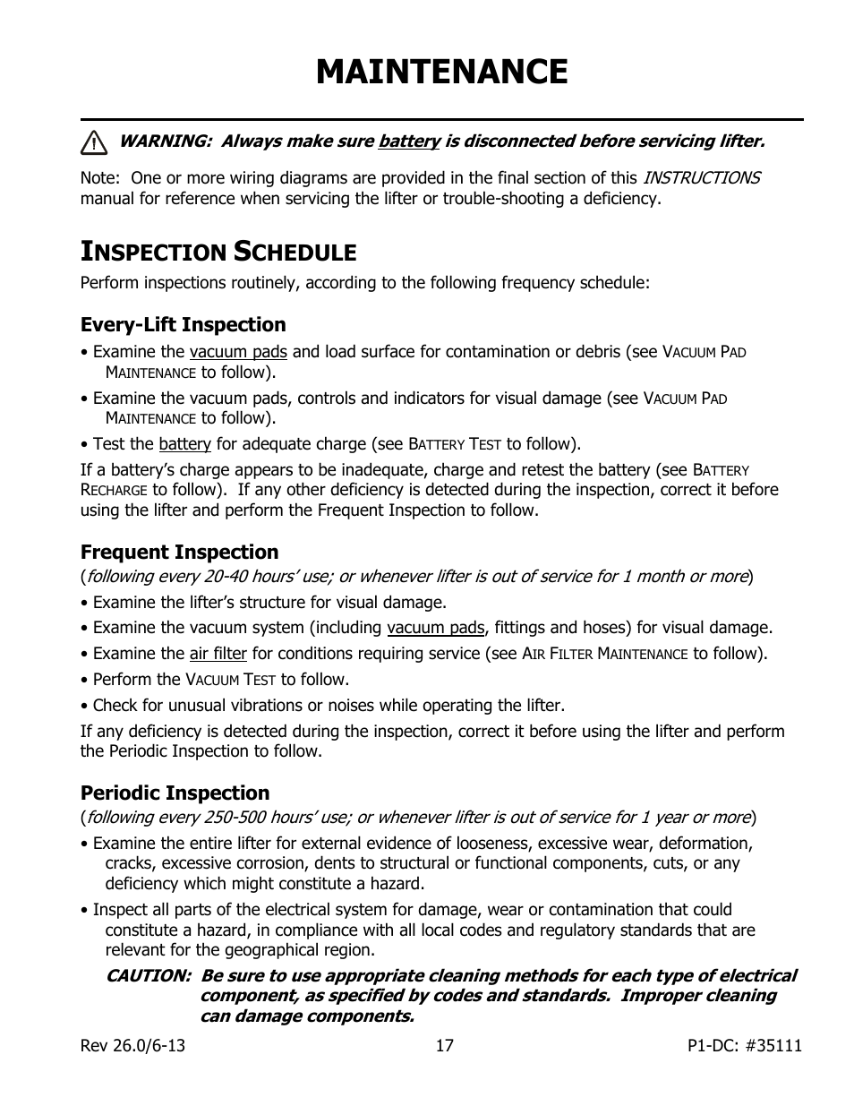 Maintenance, Nspection, Chedule | Every-lift inspection, Frequent inspection, Periodic inspection | Wood’s Powr-Grip P11104DC User Manual | Page 19 / 34