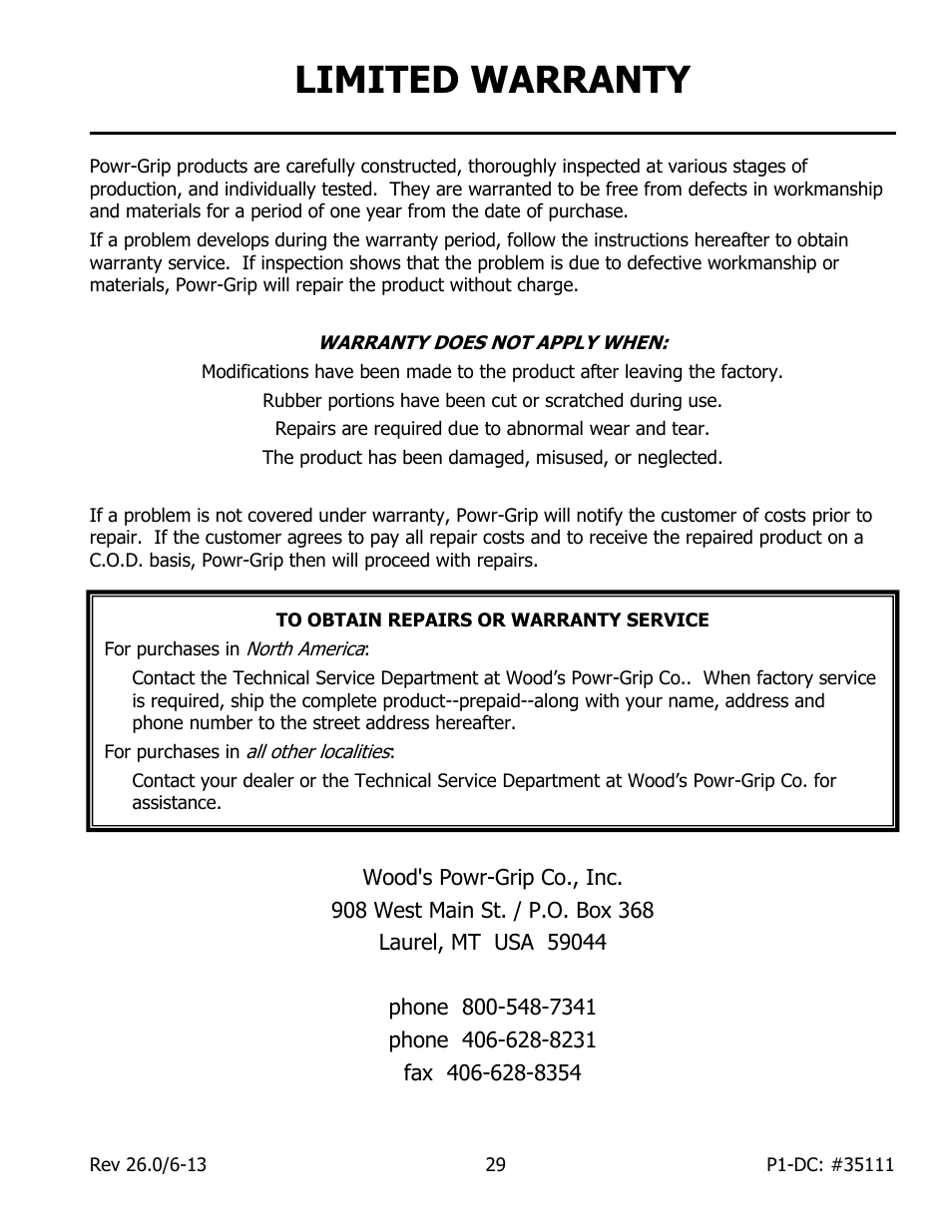 Limited warranty | Wood’s Powr-Grip P11104DC User Manual | Page 31 / 34