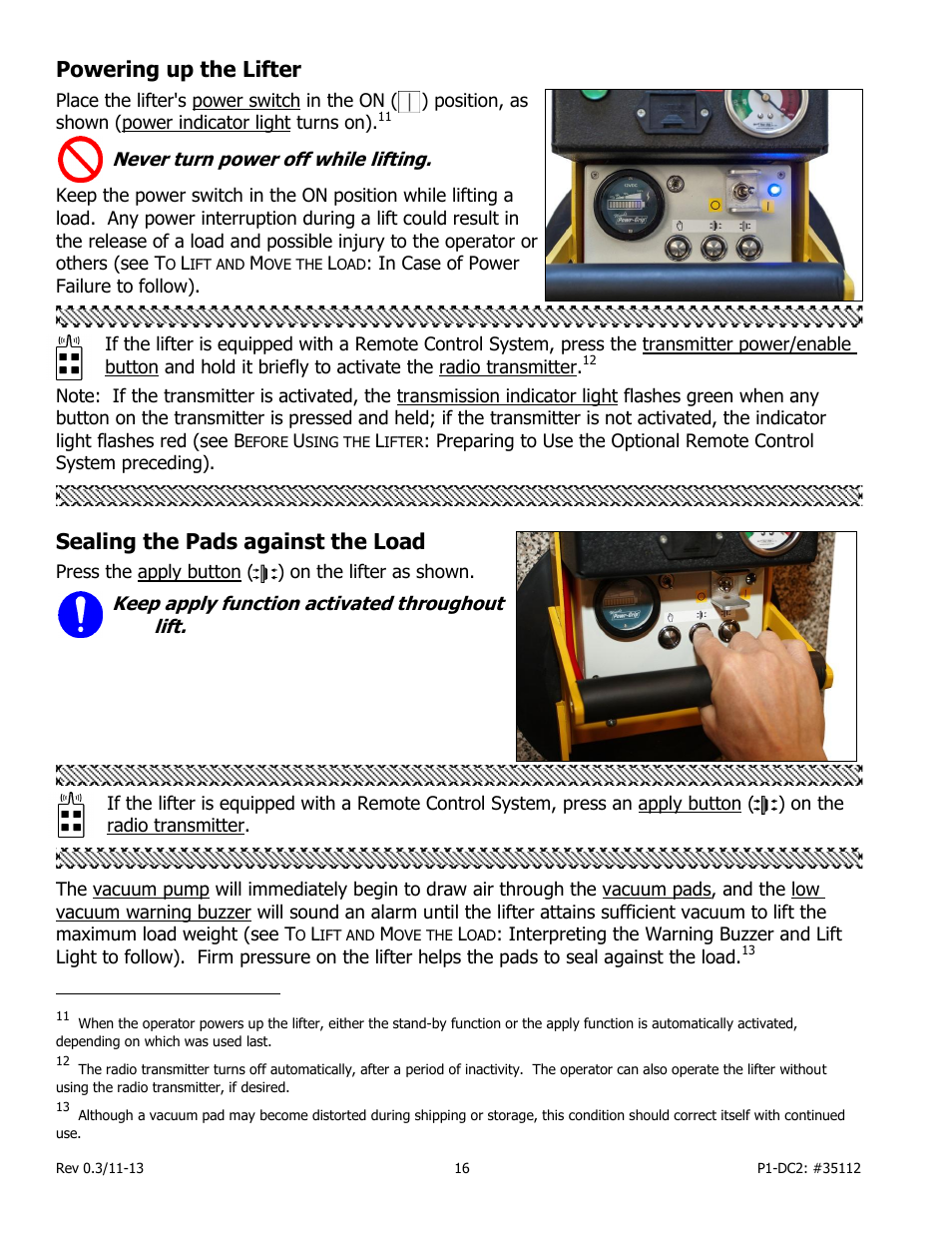 Powering up the lifter, Sealing the pads against the load | Wood’s Powr-Grip P11104DC2 User Manual | Page 18 / 37