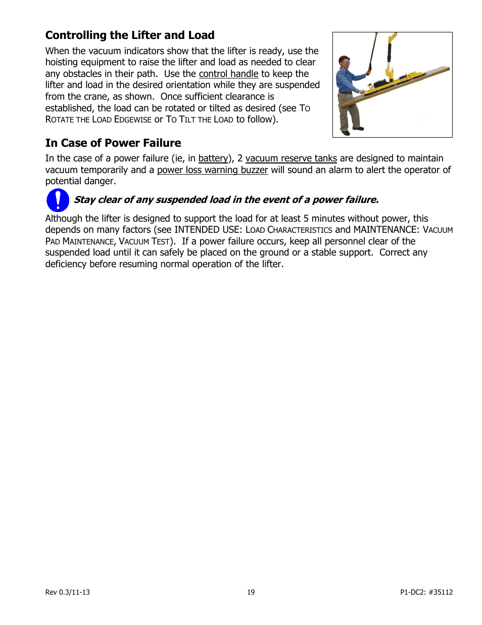 Controlling the lifter and load, In case of power failure | Wood’s Powr-Grip P11104DC2 User Manual | Page 21 / 37