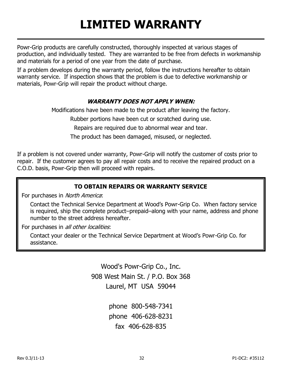 Limited warranty | Wood’s Powr-Grip P11104DC2 User Manual | Page 34 / 37