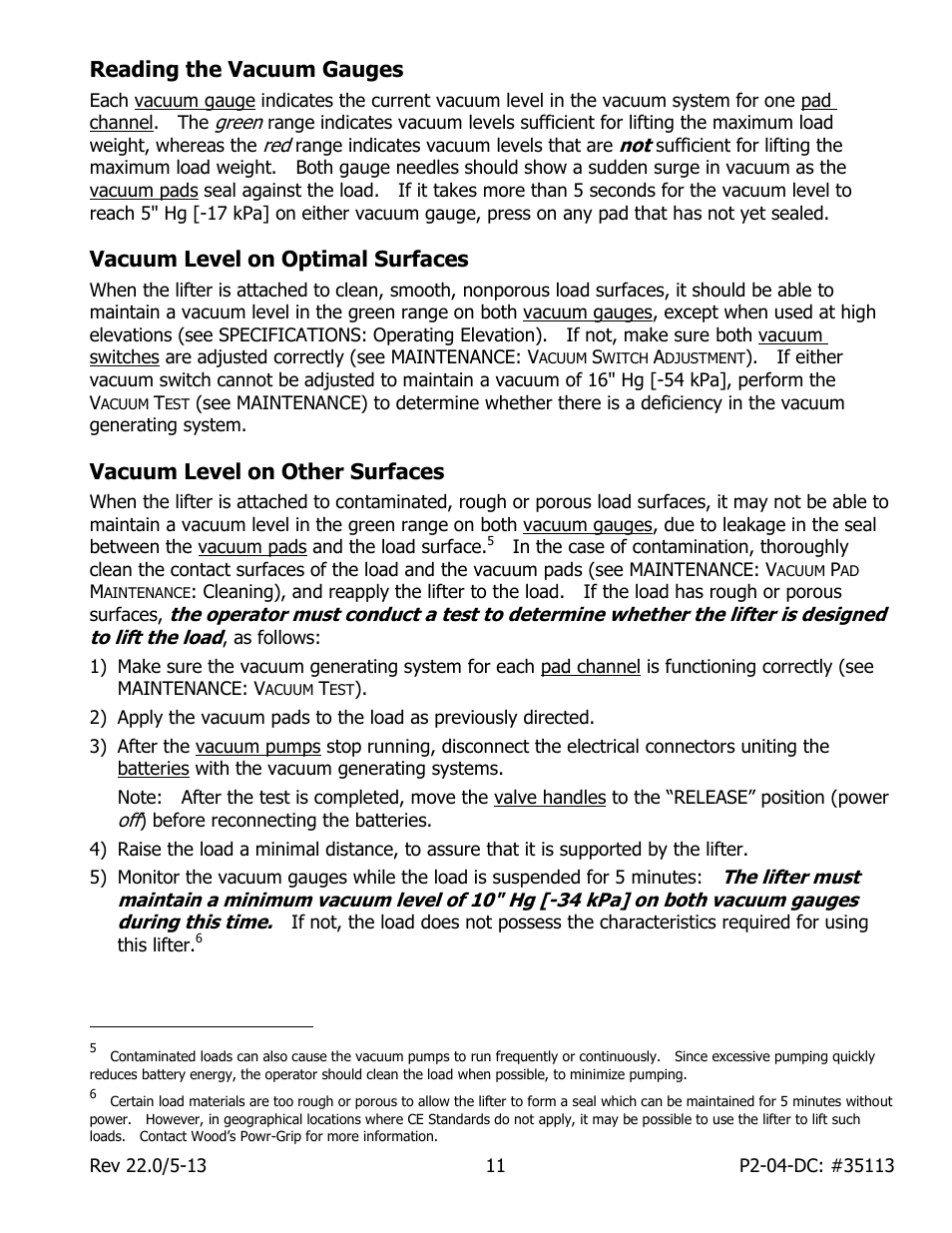 Reading the vacuum gauges, Vacuum level on optimal surfaces, Vacuum level on other surfaces | Wood’s Powr-Grip P2110445DC User Manual | Page 13 / 34