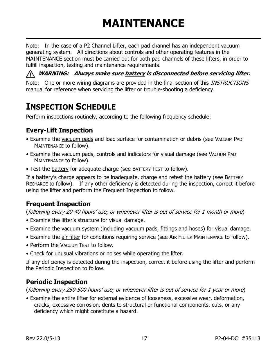 Maintenance, Nspection, Chedule | Every-lift inspection, Frequent inspection, Periodic inspection | Wood’s Powr-Grip P2110445DC User Manual | Page 19 / 34