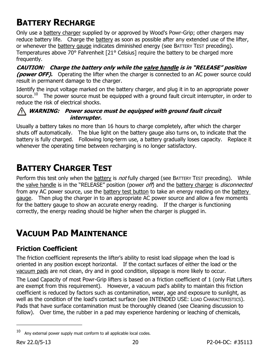 Attery, Echarge, Harger | Acuum, Aintenance, Friction coefficient | Wood’s Powr-Grip P2110445DC User Manual | Page 22 / 34