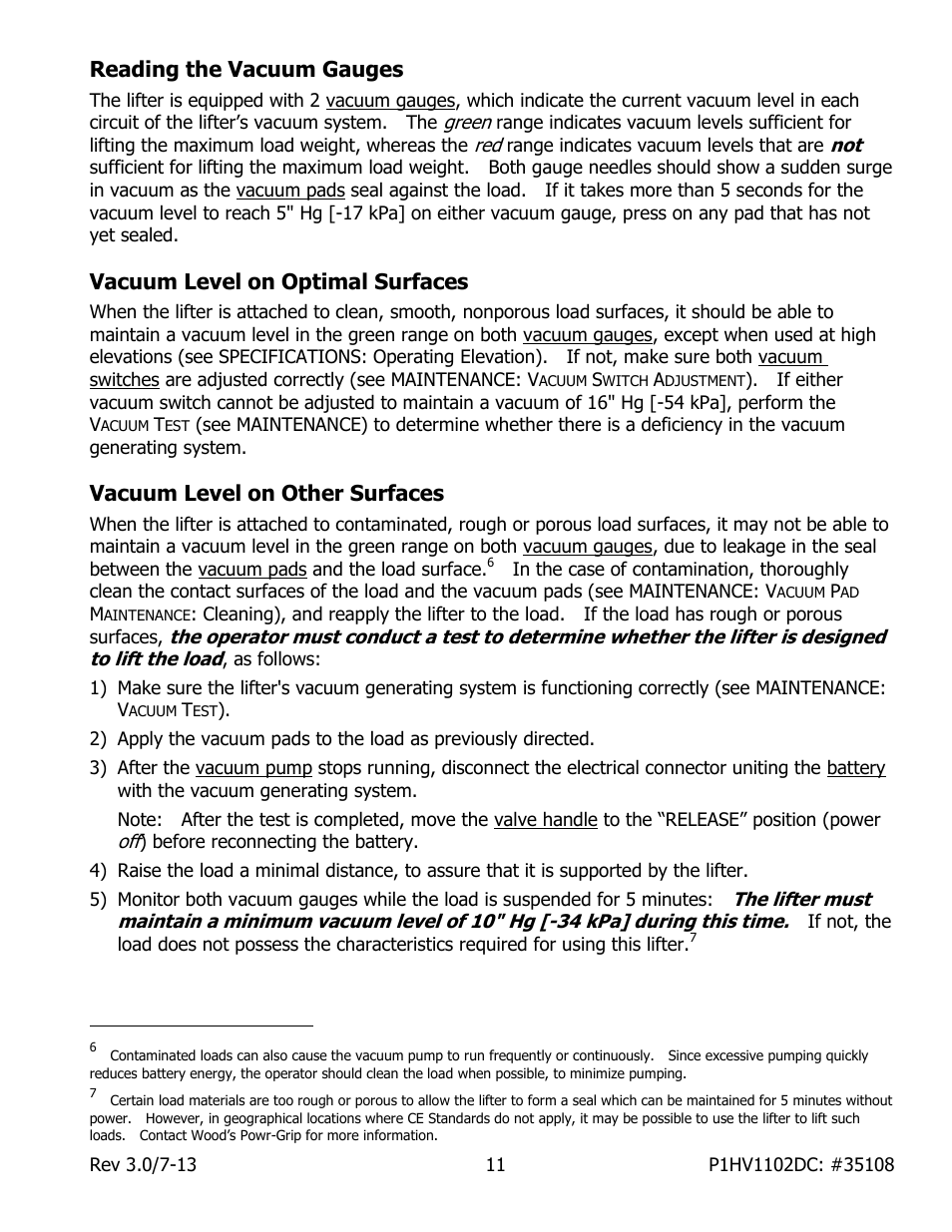 Reading the vacuum gauges, Vacuum level on optimal surfaces, Vacuum level on other surfaces | Wood’s Powr-Grip P1HV1102DC User Manual | Page 13 / 32