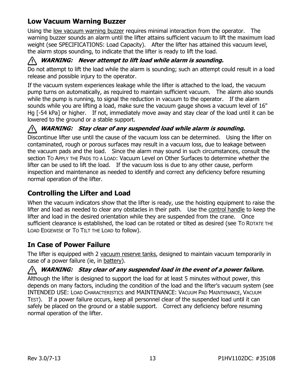 Low vacuum warning buzzer, Controlling the lifter and load, In case of power failure | Wood’s Powr-Grip P1HV1102DC User Manual | Page 15 / 32