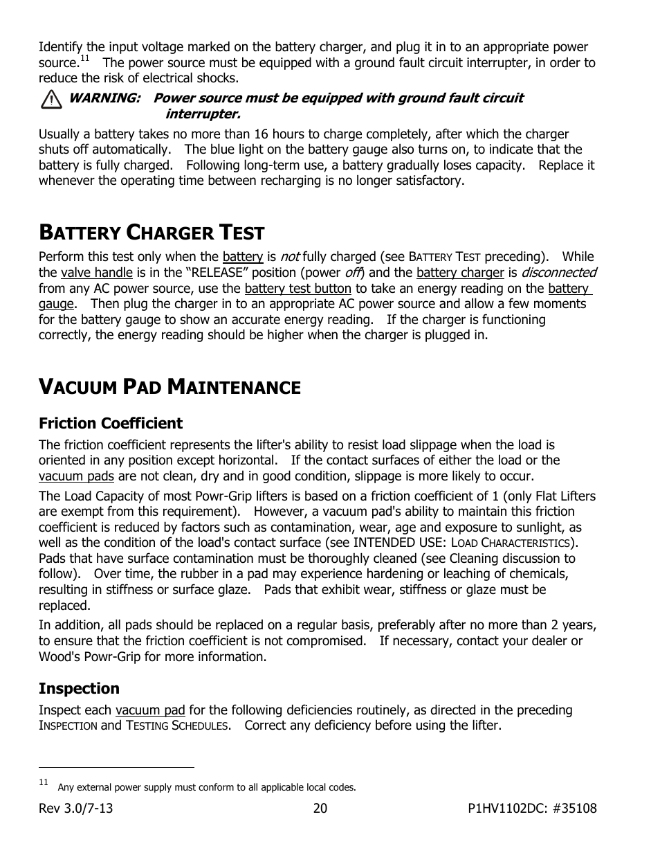 Attery, Harger, Acuum | Aintenance, Friction coefficient, Inspection | Wood’s Powr-Grip P1HV1102DC User Manual | Page 22 / 32