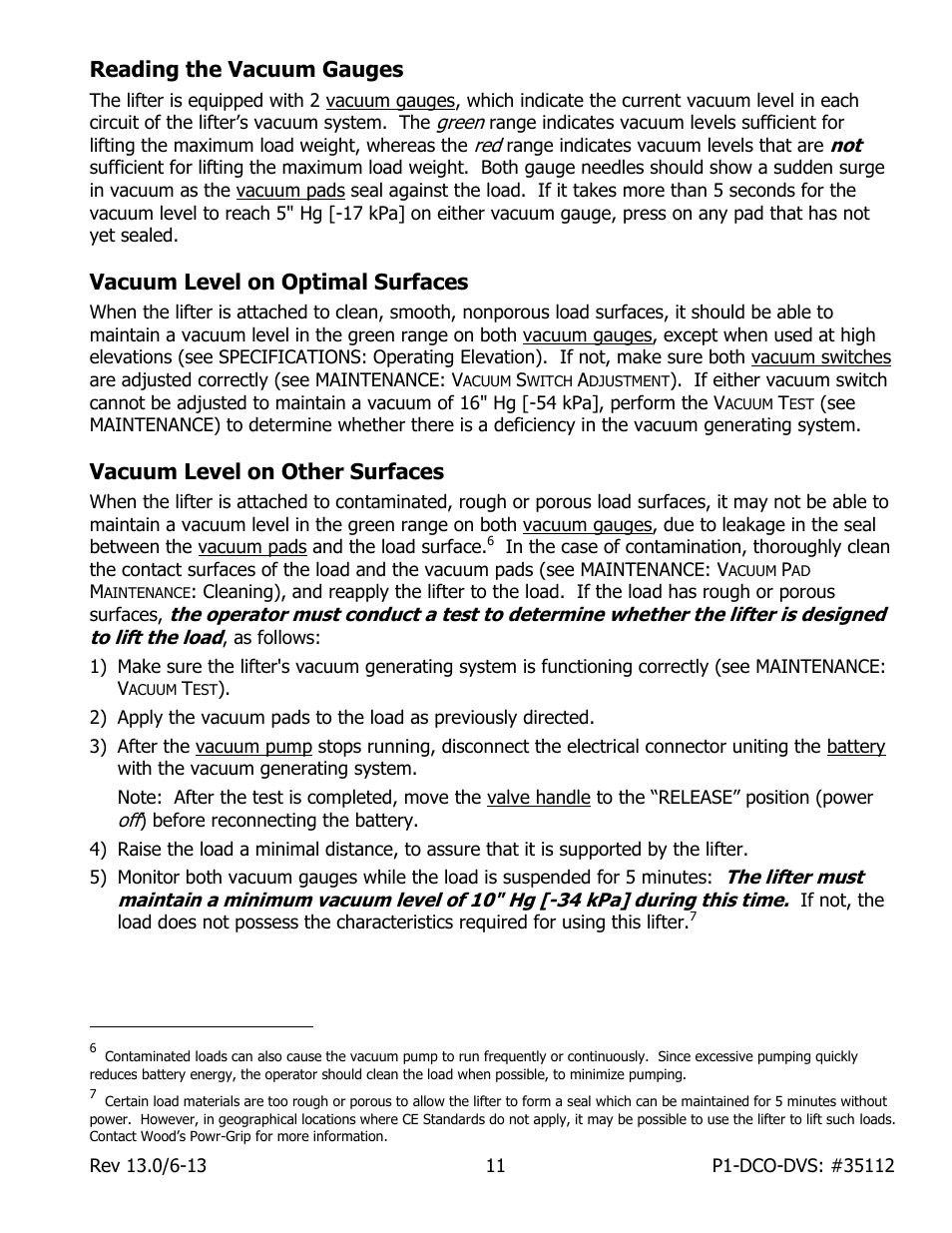 Reading the vacuum gauges, Vacuum level on optimal surfaces, Vacuum level on other surfaces | Wood’s Powr-Grip P11104DCO User Manual | Page 13 / 32