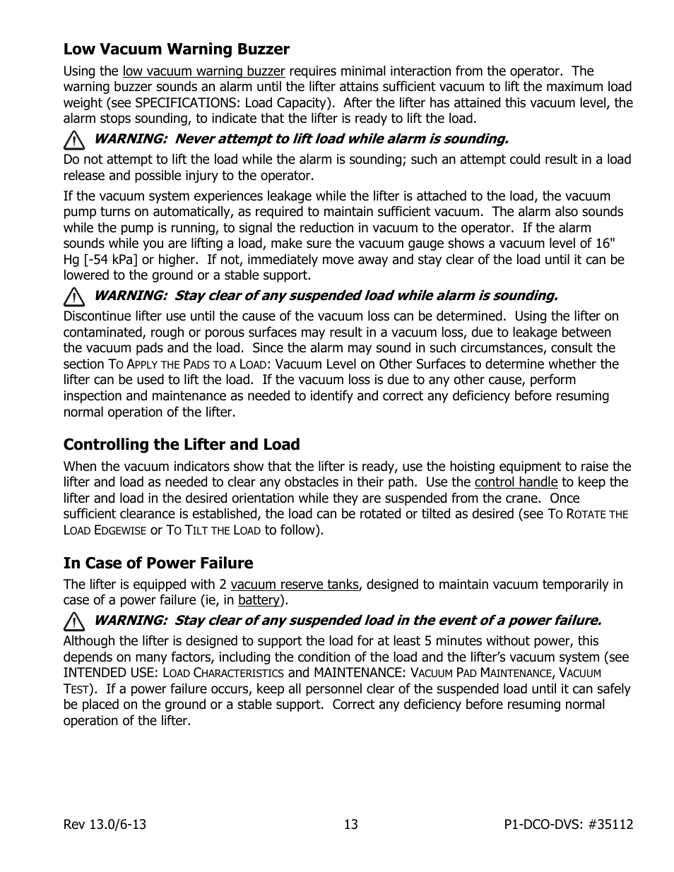 Low vacuum warning buzzer, Controlling the lifter and load, In case of power failure | Wood’s Powr-Grip P11104DCO User Manual | Page 15 / 32
