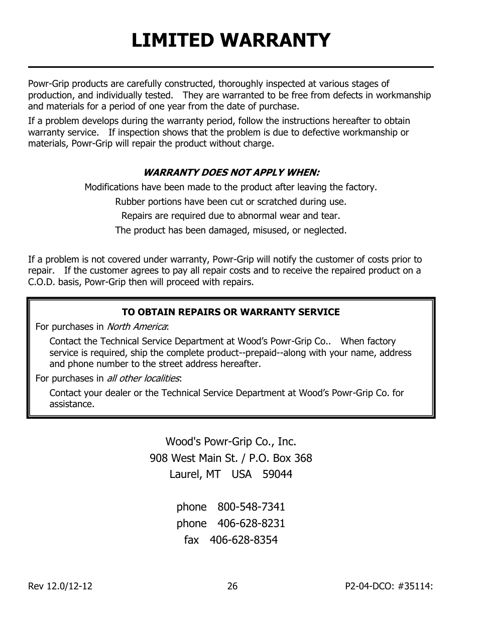 Limited warranty | Wood’s Powr-Grip P211047DC User Manual | Page 28 / 30