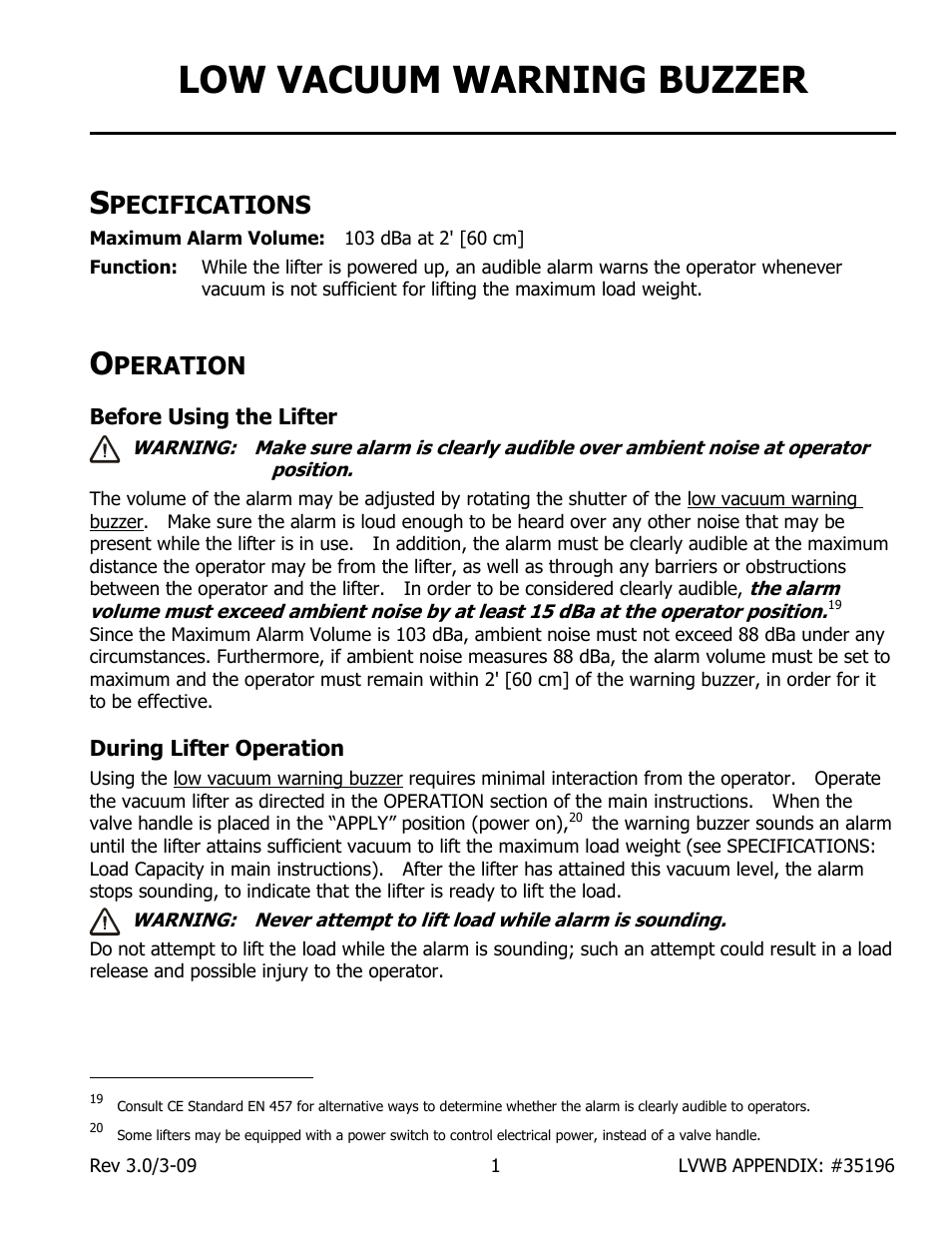 Low vacuum warning buzzer, Pecifications, Peration | Wood’s Powr-Grip P211047DC User Manual | Page 29 / 30