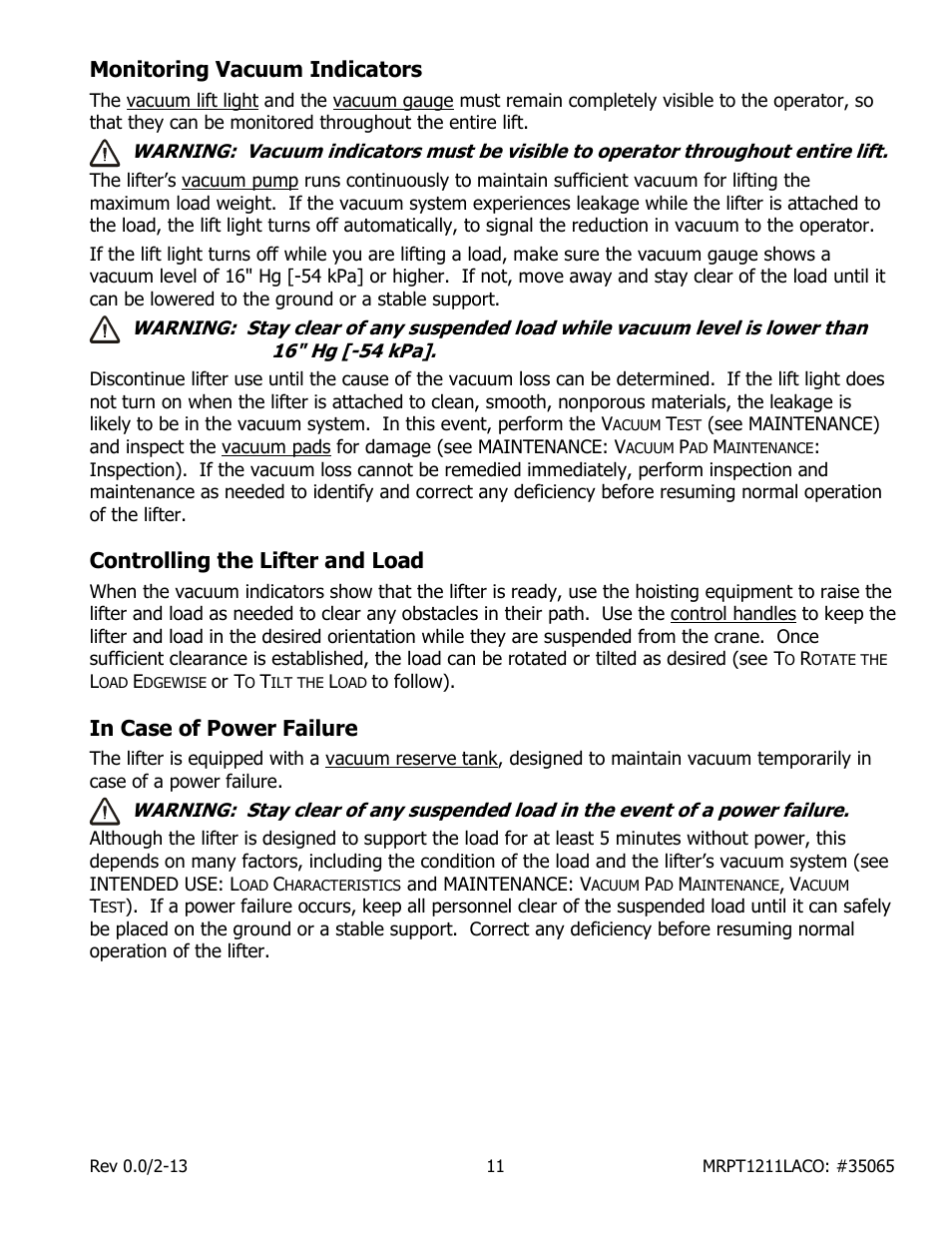 Monitoring vacuum indicators, Controlling the lifter and load | Wood’s Powr-Grip MRPT1211LACO User Manual | Page 13 / 27