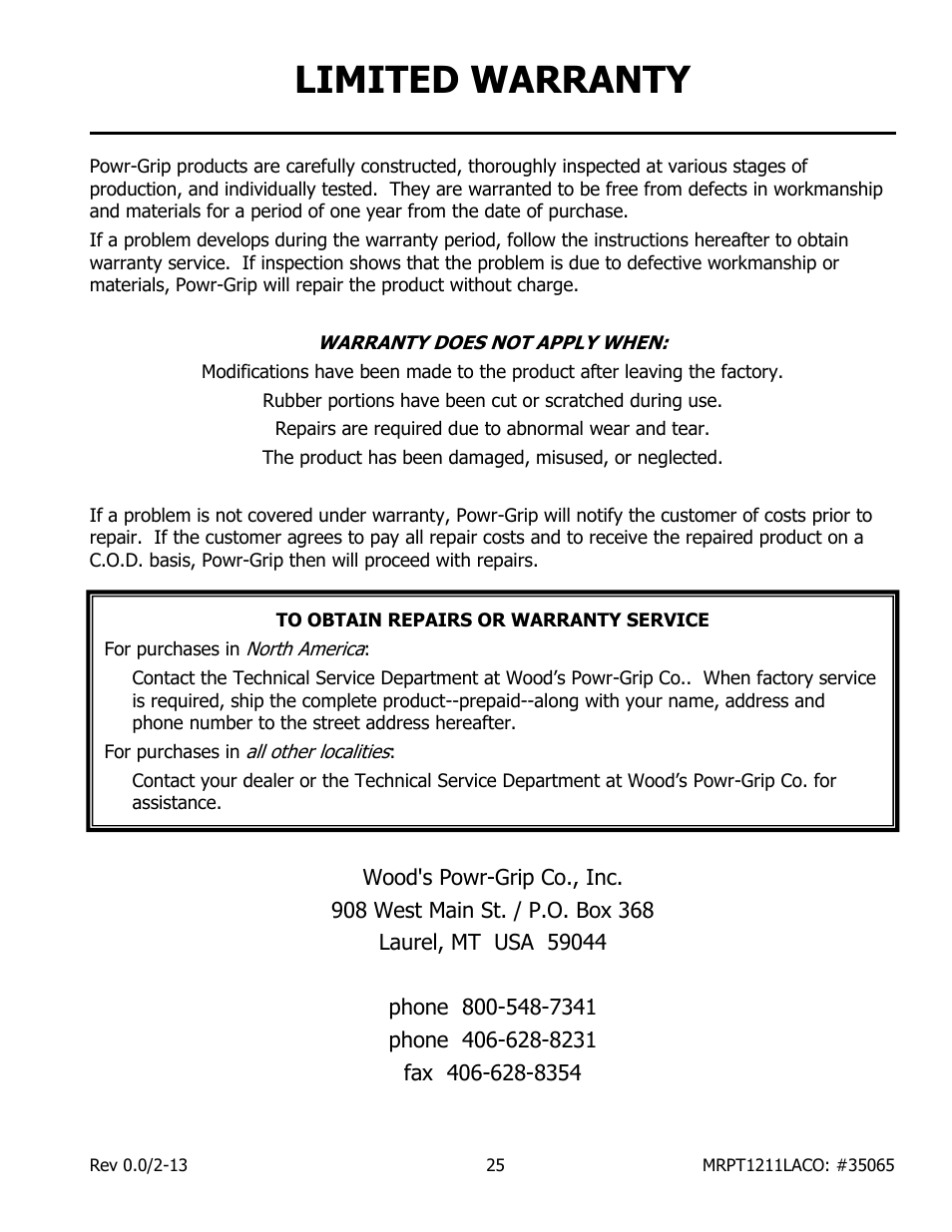 Limited warranty | Wood’s Powr-Grip MRPT1211LACO User Manual | Page 27 / 27