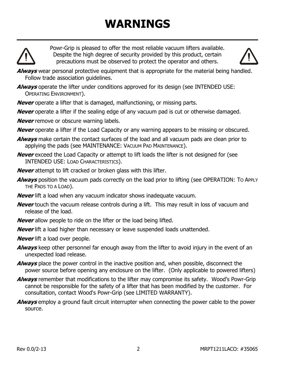 Warnings | Wood’s Powr-Grip MRPT1211LACO User Manual | Page 4 / 27