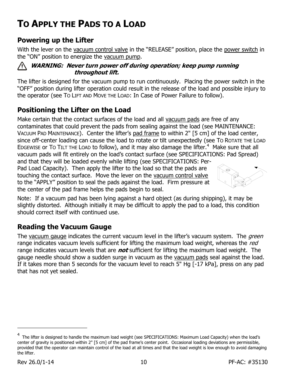 Pply the, Ads to a, Powering up the lifter | Positioning the lifter on the load, Reading the vacuum gauge | Wood’s Powr-Grip PFHL89AC User Manual | Page 12 / 29