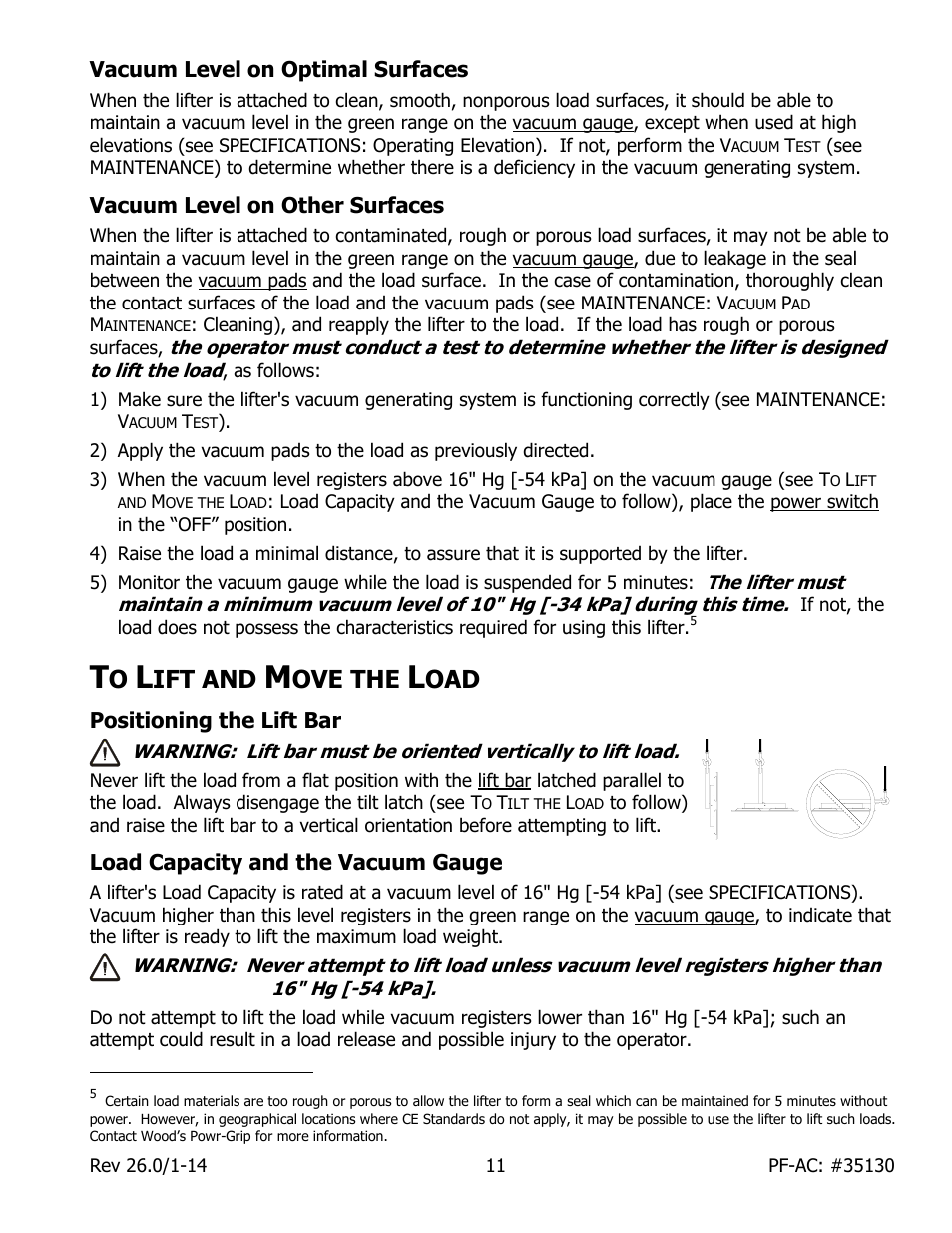Vacuum level on optimal surfaces, Vacuum level on other surfaces, Ift and | Ove the, Positioning the lift bar, Load capacity and the vacuum gauge | Wood’s Powr-Grip PFHL89AC User Manual | Page 13 / 29