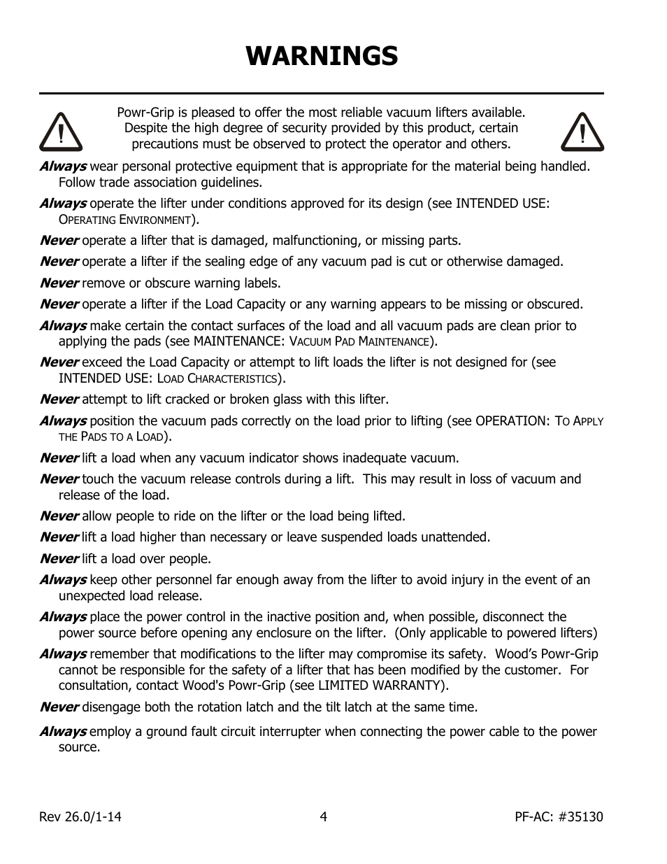 Warnings | Wood’s Powr-Grip PFHL89AC User Manual | Page 6 / 29