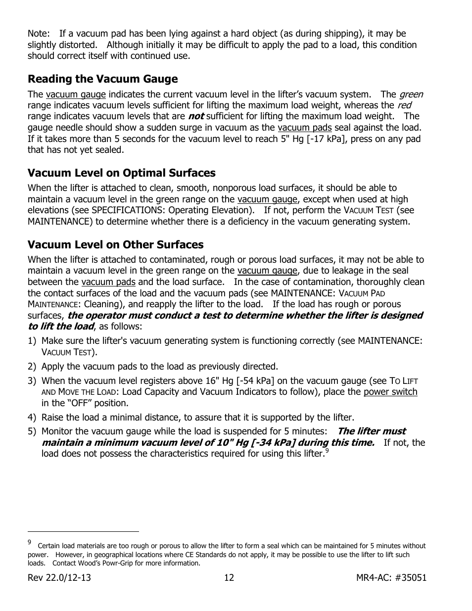 Reading the vacuum gauge, Vacuum level on optimal surfaces, Vacuum level on other surfaces | Wood’s Powr-Grip MR411LAC User Manual | Page 14 / 34